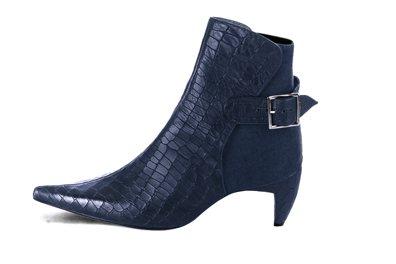 Navy blue women's ankle boots with buckles at the back. Pointed toe. Medium comma heels. Profile view - Florence KOOIJMAN